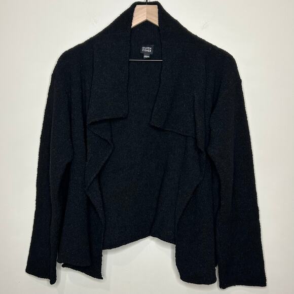 Eileen Fisher Sweaters - Eileen Fisher Black Waterfall Open Cardigan Sweater Size L Wool Blend Nubby Knit